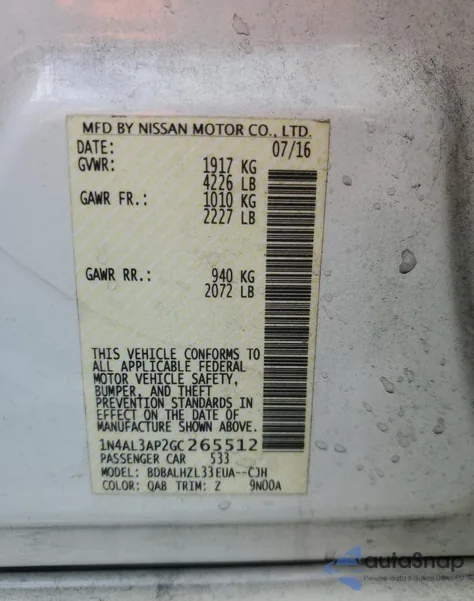 2016 Nissan Altima 2.5 z USA, uszkodzony, nr VIN 1N4AL3AP2GC265512